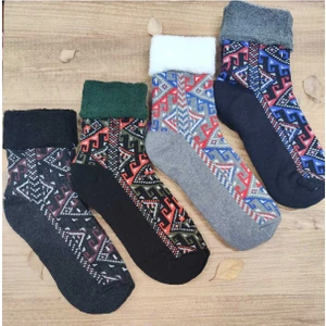 4 Çift Kadın Kıvrık Havlu Kışlık Çorap Desenli Pamuklu Çorap