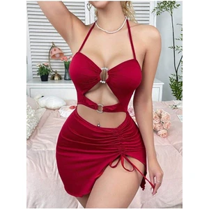 Kadın Kırmızı Fantezi Elbise Önden Büzgü Dekolteli 5082