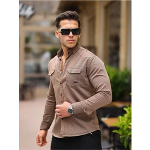 Erkek Slim Fit Cepli Basic Uzun Kol Camel Kot Gömlek
