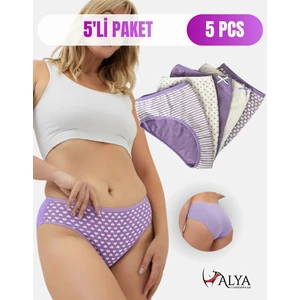 Alya Underwear Pamuklu Kadın Külot Slip Empirme Baskılı Yüksek Bel Iç Çamaşırı - 5'li Paket - Lila, L