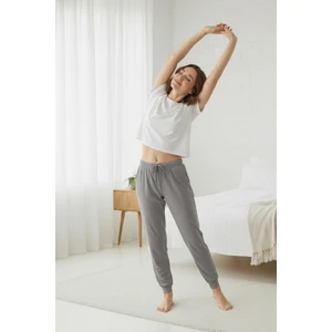 %100 Pamuk Süprem Kadın Pijama Altı Cepli Rahat Kalıp Manşet Paça Lastikli Ipli Terletmez Esnek Gri