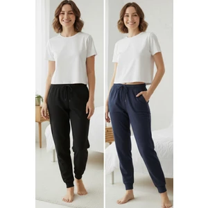 %100 Pamuk 2'li Paket Süprem Kadın Pijama Altı Cepli Rahat Kalıp Dar Paça Ipli Terletmez Siyah Lacivert