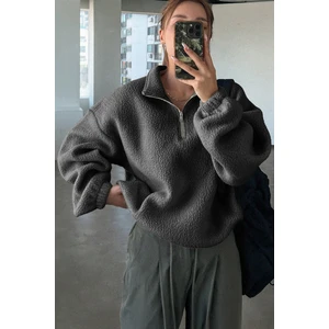 Ghassy Co. Kadın Ultra Isı Peluş Sherpa Oversize Yarım Metal Fermuar Lastik Ayarlı Polar Sweatshirt