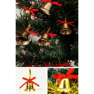biton  12 adet mini çan yılbaşı çam ağacı süsü  3 cm kırmızı kurdeleli gold yılbaşı çam ağacı süsü