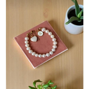 Gerçek Doğal Beyaz Inci Kadın Bileklik Çelik Bağlantı Aparatlı Kalp Harf