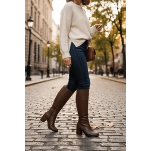 Karmen Kahverengi Deri (6cm) Topuklu Yanı Fermuarlı Günlük Kullanım Çizme