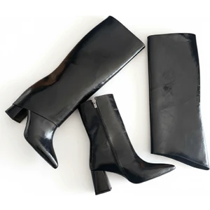 Strada Siyah Rugan Tak-Çıkar Konçlu  (8 cm Topuk Boyu ) Günlük Kullanım Bot ve Çizme