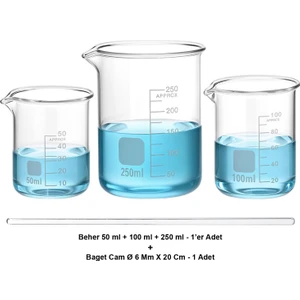 Beher Cam Set 50-100-250 ml / Kısa Form + Baget Cam Ø 6 mm x 30 cm Hediye