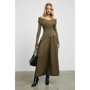 FRUENDO Kadın Asimetrik Yakalı Üstü Esnek Kumaşlı Eteği Poplin Uzun Haki Elbise