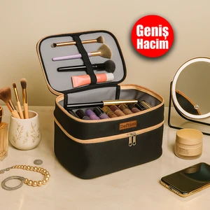 Profesyonel Çift Katlı Geniş İç Hacimli Makyaj Çantası Su Geçirmez Büyük Boy Seyahat Organizeri Kozmetik Parfüm Taşıma Bölmeli Kadın Bakım Çantası