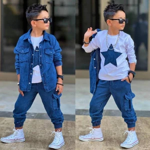 Erkek Çocuk Kot Görünümlü 3’lü Takım – Yıldız Desenli Tişört, Gömlek ve Pantolon 2060 M