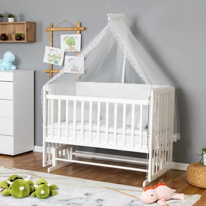 Ahşap Beşik Anne Yanı Beşik Beyaz 70X130 - Beyaz Güpür Uyku Seti + Yataklı