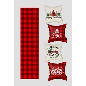 Noel Temalı Kırmızı Bej Ekose ve Çam Ağacı Yılbaşı 4 Kırlent Kılıfı 1 Runner Seti