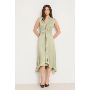 Nil Yeşili V Yaka Belden Detaylı Midi Boy Kolsuz Elbise