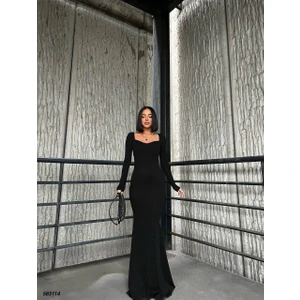 Kalp Yaka Balık Model Flowers Kumaş Abiye Elbise Siyah 583114