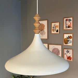 45 cm Çaplı Xl Beyaz Q Ahşap Başlık Avize Tekli Sarkıt Restoran Salon Mutfak Avizeleri