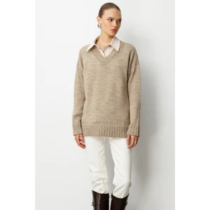 V Yaka Oversize Bej Rengi Triko Kazak