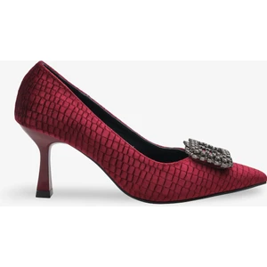 Lunvera Kadife Taşlı Tokalı Kadın Topuklu Ayakkabı Bordo