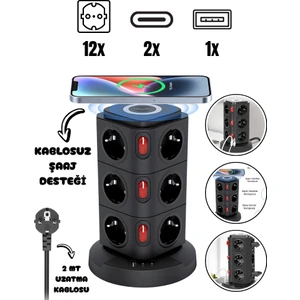Akım Korumalı Priz Kablosuz Şarj Istasyonu 12XSOKET 1xusb 2xtype-C 2 mt Kablolu Grup Priz Çoğaltıcı