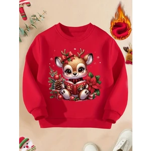 Punix Kids Punıx Özel Tasarım Yılbaşı Noel Temalı Kitap Okuyan Yavru Geyik Baskılı Kışlık  Kız Çocuk Sweatshırt