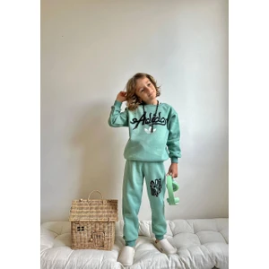 Sacro Kids Yeşil Yazı Baskılı Şardonlu 3 Iplik Sweatshirt-Eşofman Altı Kışlık Erkek Çocuk Takım