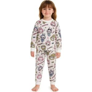 Kız Çocuk Iki Iplik Şardonlu Beyaz Labubu Desenli Uzun Kollu Pijama Takımı