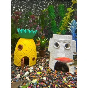 Akvaryum Dekoru 2’li Set | Ananas Ev + Moai Ev
