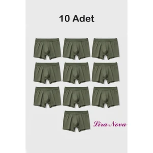 10 Adet Haki Soft Elastan Erkek Boxer %90 Pamuk %10 Elastan