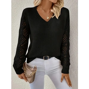 Magic Special Kadın Uzun Kollu V Yaka Kol Delikli Baklava Desen Detaylı Triko Kazak