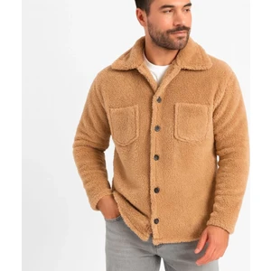 Moderie Butik Erkek Pelüş Polar Hırka Gömlek – Yakalı, Ilik Düğmeli, Göğüs Cepli, Yumuşak Dokulu Kışlık Regular Fit Rahat Günlük Model - Açık Kahve