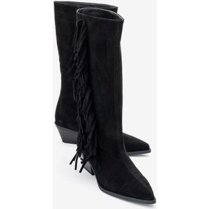 Orlo Siyah Süet Hakiki Deri Püsküllü Kadın Western Çizme