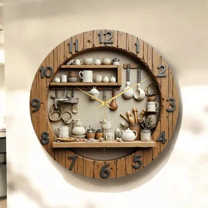 AA Shop Mutfak Renkli Baskı Desenli Sayılı Hediyelik Ahşap Sessiz Tablo Duvar Saati