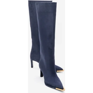 Lexa Lacivert Süet Altın Detaylı Sivri Burunlu Kadın Topuklu Çizme