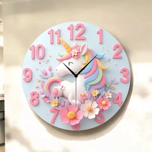 AA Shop Unicorn At Renkli Baskı Desenli Sayılı Hediyelik Ahşap Sessiz Tablo Duvar Saati