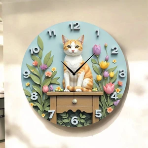 AA Shop Kedi Hayvan Çiçek Renkli Baskı Desenli Sayılı Hediyelik Ahşap Sessiz Tablo Duvar Saati