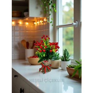 Neşeli Çiçekler Yapay Çiçek Yılbaşı Süsü Doğal Kütük ve Yapay Kokina Çiçeği 30 cm Dekorasyon Masa Üstü Dekor  Ev Süsleri