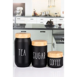 3'lü Tea Sugar Coffee Kavanozu 300 - 650 - 1000 ml Cam Kavanoz Siyah Renk