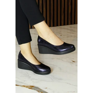 Erkan Saçmacı Mabel Lacivert Yılan Hakiki Dana Derisi Yuvarlak Burun Dolgu Topuklu Günlük Ayakkabı