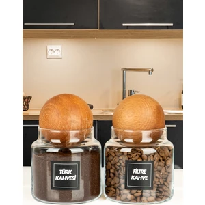 2'li Ahşap Top Kapaklı Filtre Kahve, Türk Kahvesi Kavanozu 600 ml Cam Kavanoz