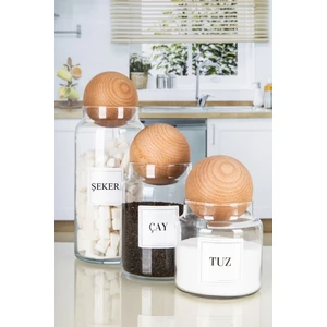 3'lü Ahşap Top Kapaklı Çay Şeker Kahve Tuz Kavanozu Cam 3 Boy