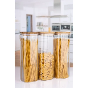 3 Lü Jumbo Boy Borosilikat Cam Bambu Vakum Kapaklı Makarna Erzak Kavanozu 2200 ml