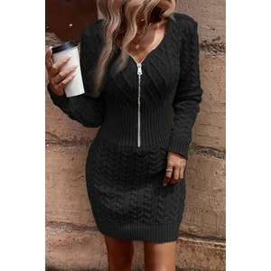 Merry See Uzun Kollu Fermuarlı Triko Örme Mini Elbise