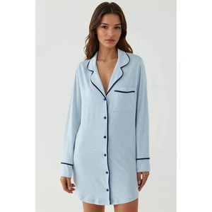 Kadın Ekstra Yumuşak Gömlek Yaka Mini Rahat Gecelik Bebek Mavisi