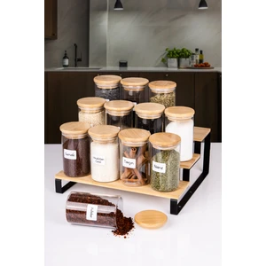 13 Parça Etiketli Vakumlu Bambu Kapaklı Bambu Merdiven Stantlı 3 Boy Borosilikat Cam Baharatlık