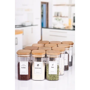 12 Li Kare Ahşap Vakumlu Kapaklı Akrilik Baharatlık Seti 300 ml Etiket Hediyeli