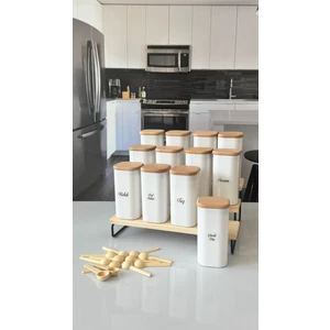 12'li 300 ml Bambu Stantlı Vakumlu Ahşap Kapaklı Porselen Görünümlü Akrilik Baharatlık Kaşık Etiket