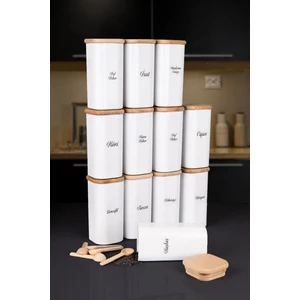 12'li 250 ml Vakumlu Bambu Ahşap Kapaklı Porselen Görünümlü Akrilik Baharatlık Kaşık Etiket Hediyeli