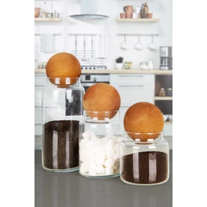 3'lü Ahşap Top Kapaklı Cam Kavanoz Seti Çerezlik Baharatlık Mantar Top Kapaklı Saklama Kabı