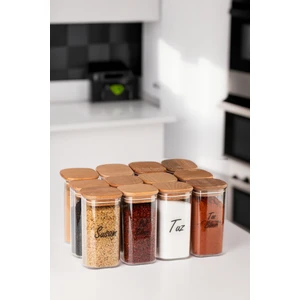 12'li 300 ml Ahşap Kapaklı Vakumlu Şeffaf Etiketli Mika Baharatlık Seti