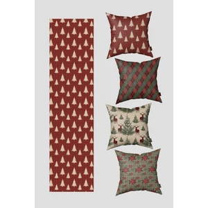 Bordo Yeşil Çam Ağacı ve Poinsettia Çiçeği Yılbaşı 4 Kırlent Kılıfı 1 Runner Seti